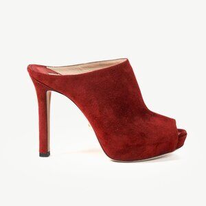 Prada Burgundy Suede Peep Toe Stiletto Heel Slide Mule Platform Pump